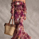 Daisy - Pink Maxi Chiffon Dress with Off-Shoulder Sleeves