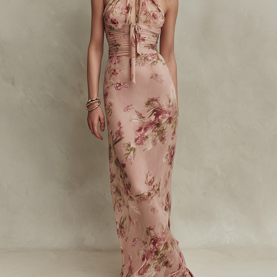 Lia - Elegant Floral Print Chiffon Maxi Dress with Keyhole Neckline
