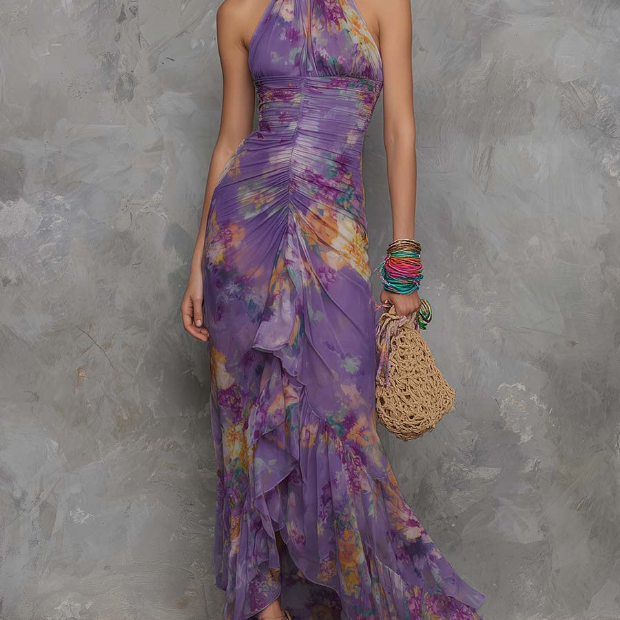 Anna - Elegant Purple Floral Chiffon Halter Maxi Dress