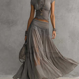 Cara - Grey Lace Top and Maxi Pleated Skirt