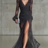 Isla - Dark Grey Maxi Lace Dress with Long Sleeves and Split