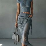 Eleanor - Blue T-Shirt and Draped Mesh Skirt Set