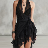Naomi - Black Lace Mini Dress with Halter Neck and Ruffles