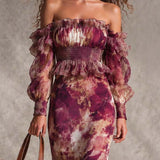Daisy - Pink Maxi Chiffon Dress with Off-Shoulder Sleeves
