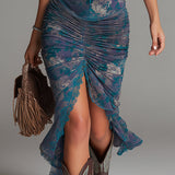 Audrey - Blue Floral Midi Dress with Lace Trimmings