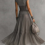 Cara - Grey Lace Top and Maxi Pleated Skirt