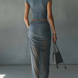 Eleanor - Blue T-Shirt and Draped Mesh Skirt Set