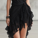 Naomi - Black Lace Mini Dress with Halter Neck and Ruffles