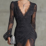 Isla - Dark Grey Maxi Lace Dress with Long Sleeves and Split