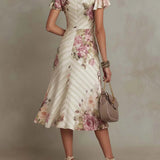 Alba - Elegant Retro Floral Satin Midi Dress
