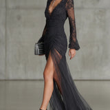 Isla - Dark Grey Maxi Lace Dress with Long Sleeves and Split