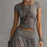 Cara - Grey Lace Top and Maxi Pleated Skirt