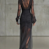 Isla - Dark Grey Maxi Lace Dress with Long Sleeves and Split