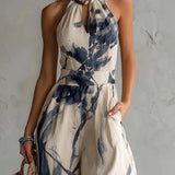 Madeline - Halter Neck Jumpsuit with Ink Print