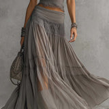 Cara - Grey Lace Top and Maxi Pleated Skirt