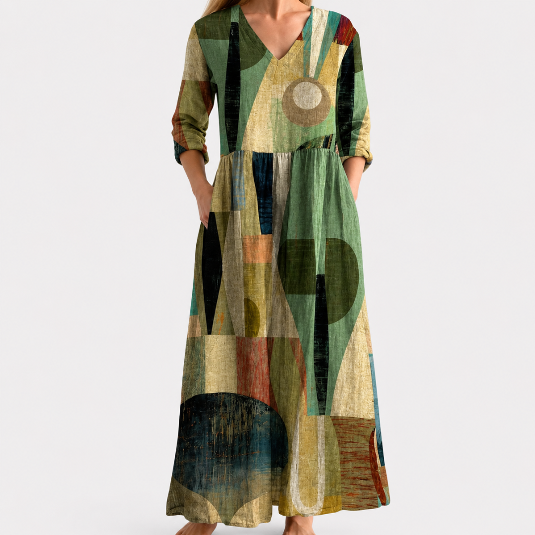 Ingrid olive geometric block maxi dress, view 2
