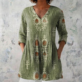 Cora - Olive Blouse with Folk Embroidery Print