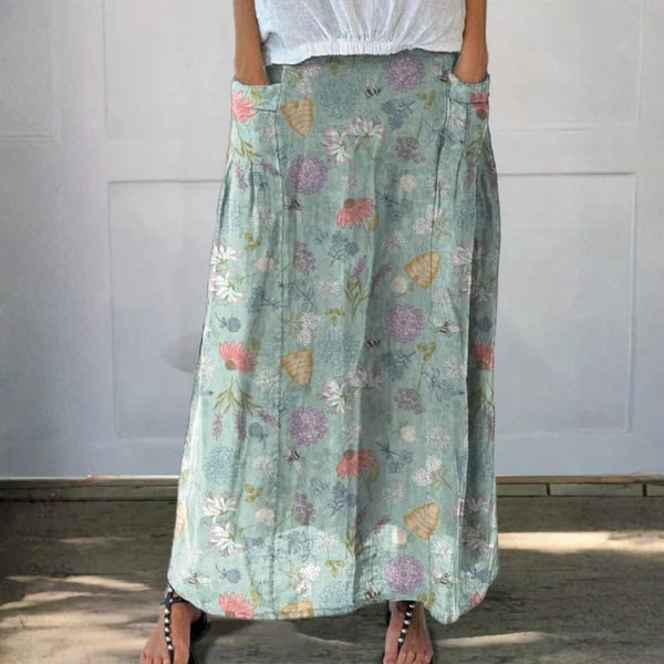 Blooming Spring Floral And Bumble Bee Pattern Printed Women's Linen Pocket Skirt
