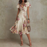 Alba - Elegant Retro Floral Satin Midi Dress