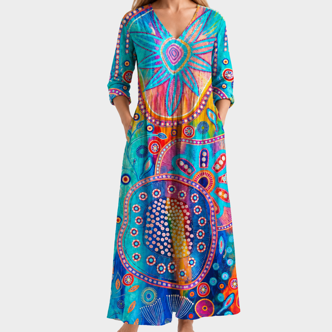 Kathleen turquoise abstract print maxi dress, view 2