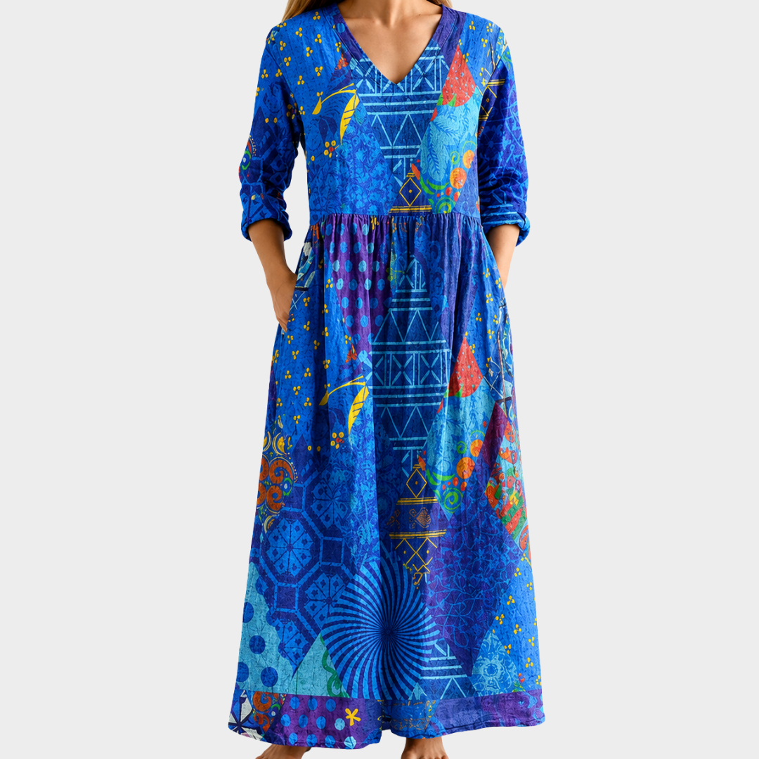 Sian blue geometric bird print maxi dress, view 2