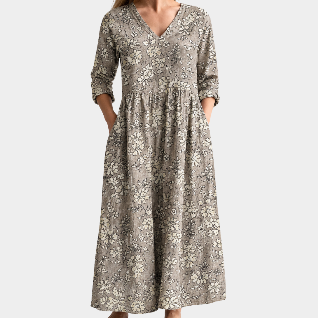 Trudy taupe maxi dress with sketched meadow florals, view 2