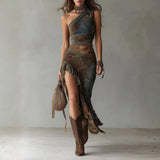 Maria - Asymmetrical Long Dress with Ethnic Print and Side Slit