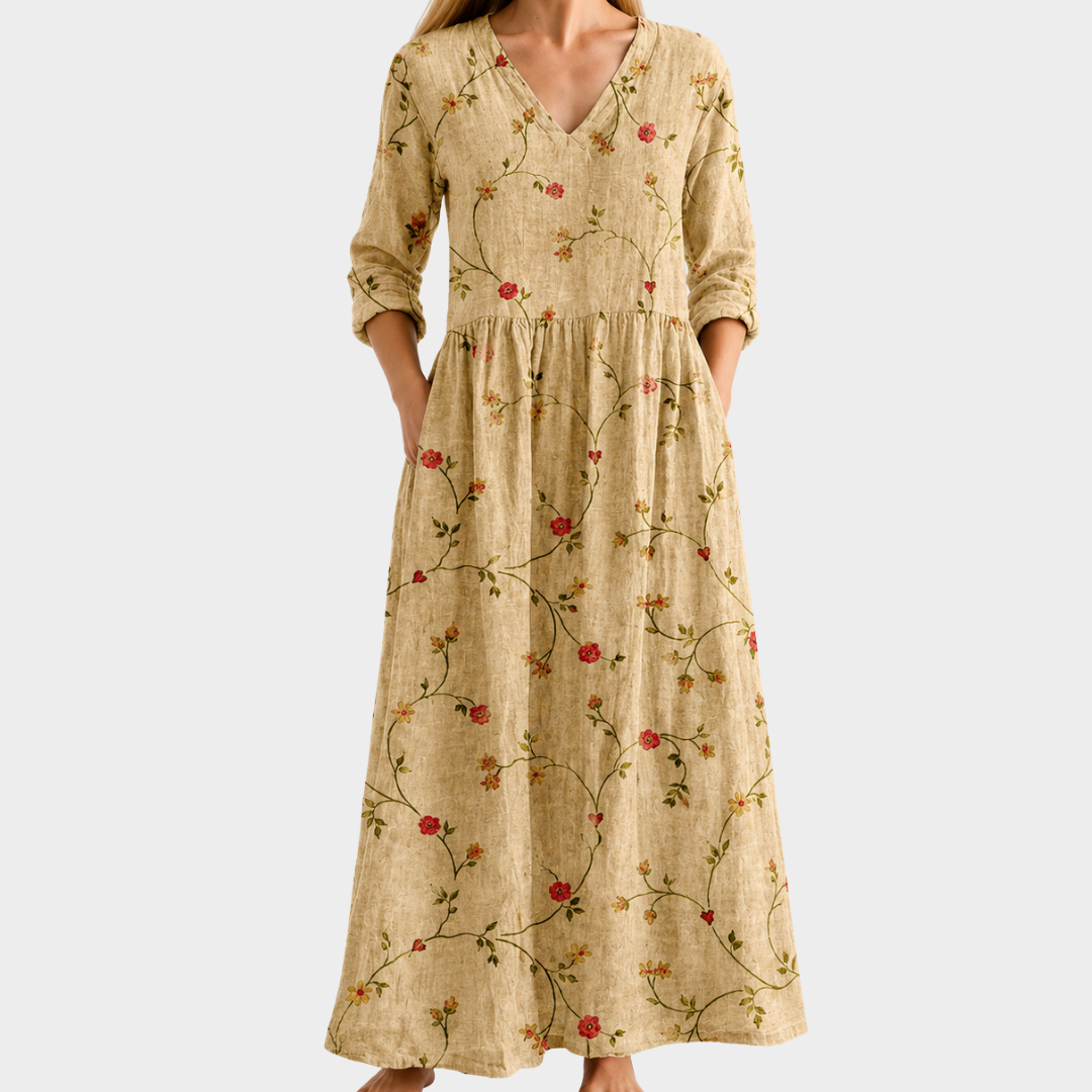 April beige maxi dress with red berry sprigs, view 2