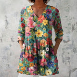 Penelope - Teal Blouse with Bold Garden Flowers