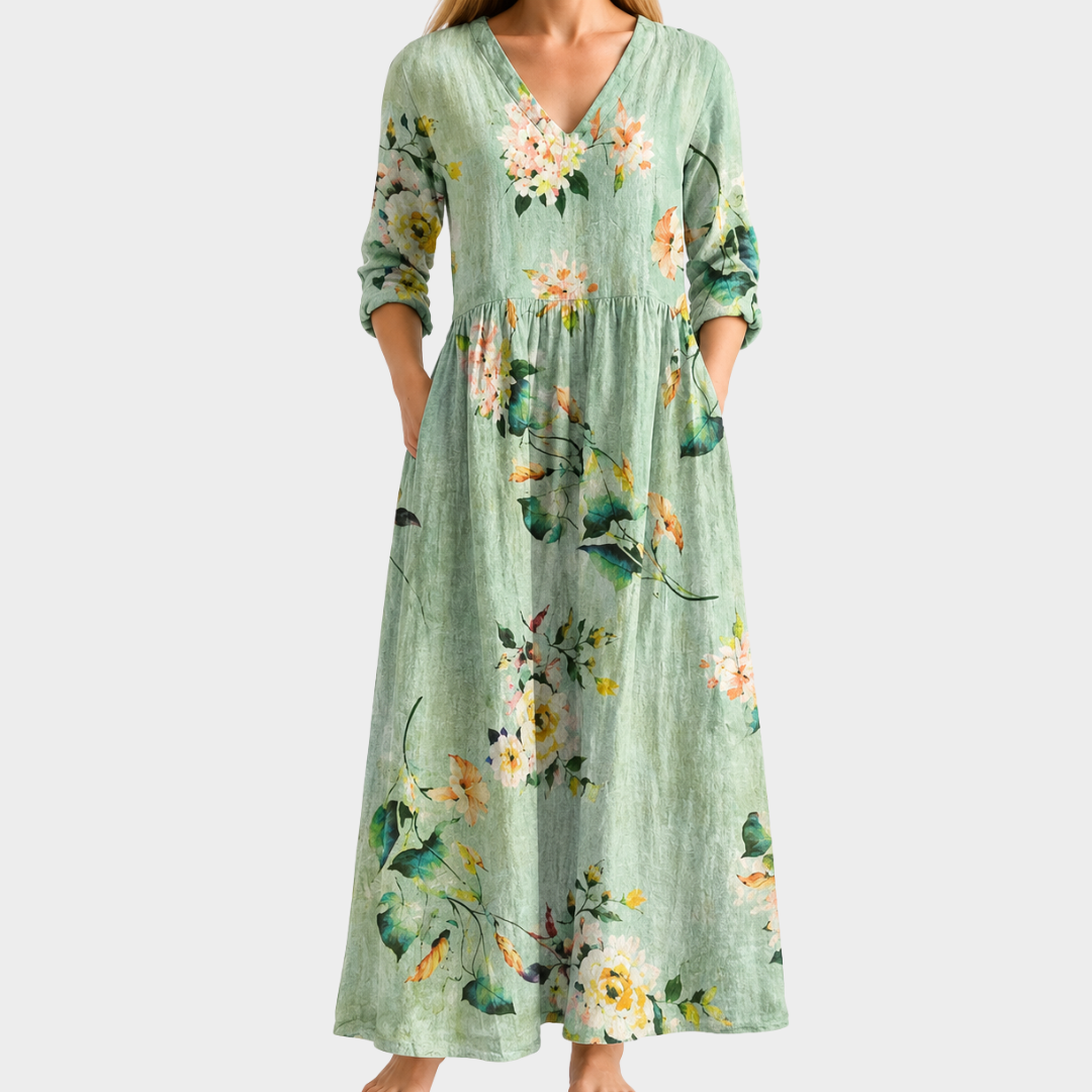 Bec sage green maxi dress with soft florals, view 2