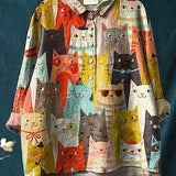 Olivia - Casual Women's Blouse with Artistic Cat Print