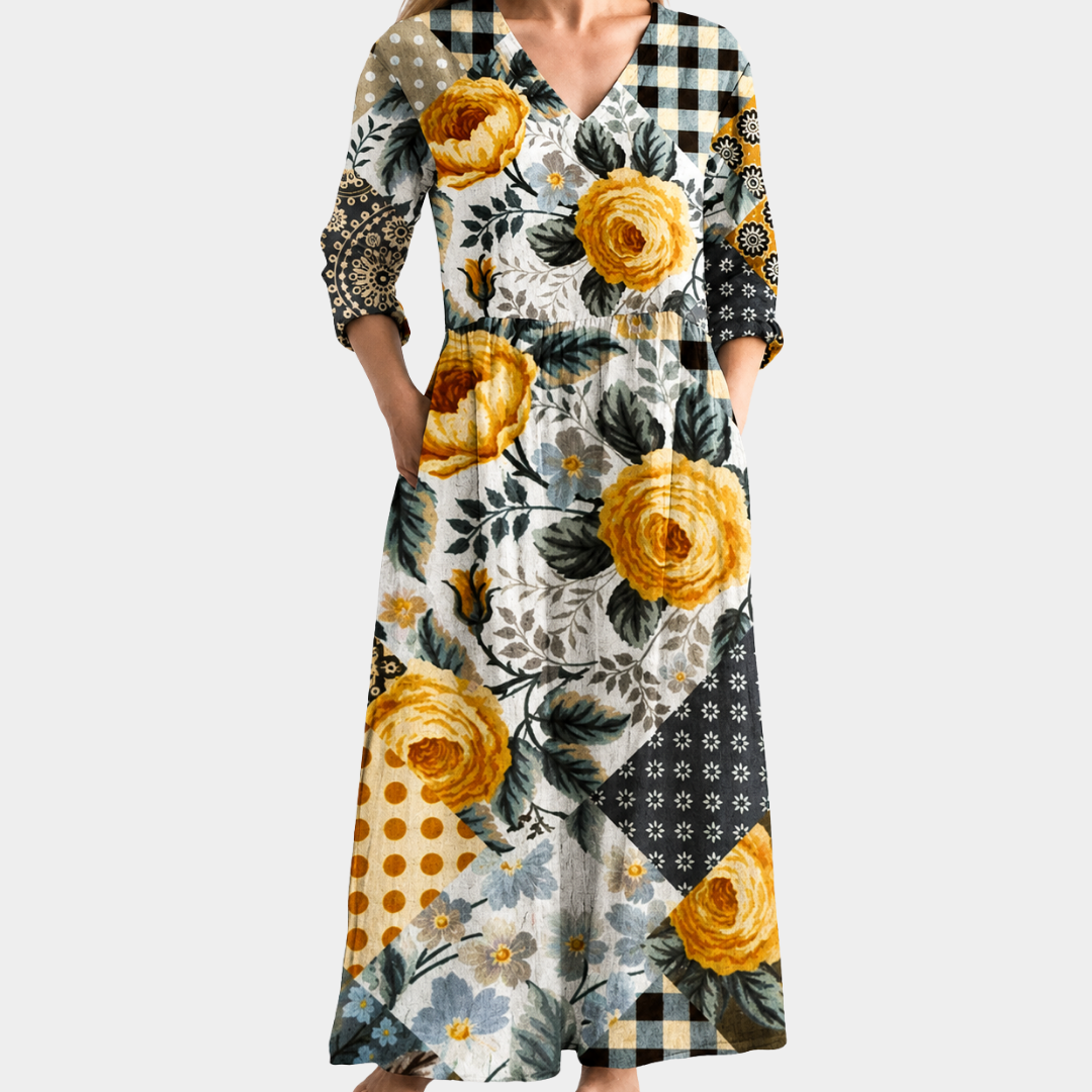 Rita patchwork maxi dress with golden roses, view 2