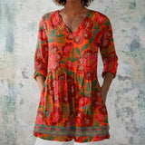 Lucy - Red Blouse with Bold Coral Flowers