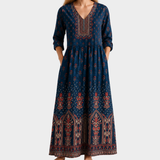 Rowena navy maxi dress with border print, view 2