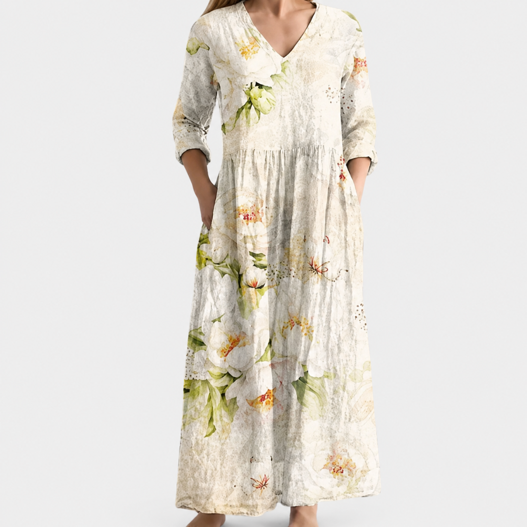 Sybil cream maxi dress with soft blossoms, view 2