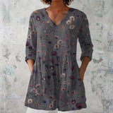 Alice - Grey Blouse with Scattered Flowers