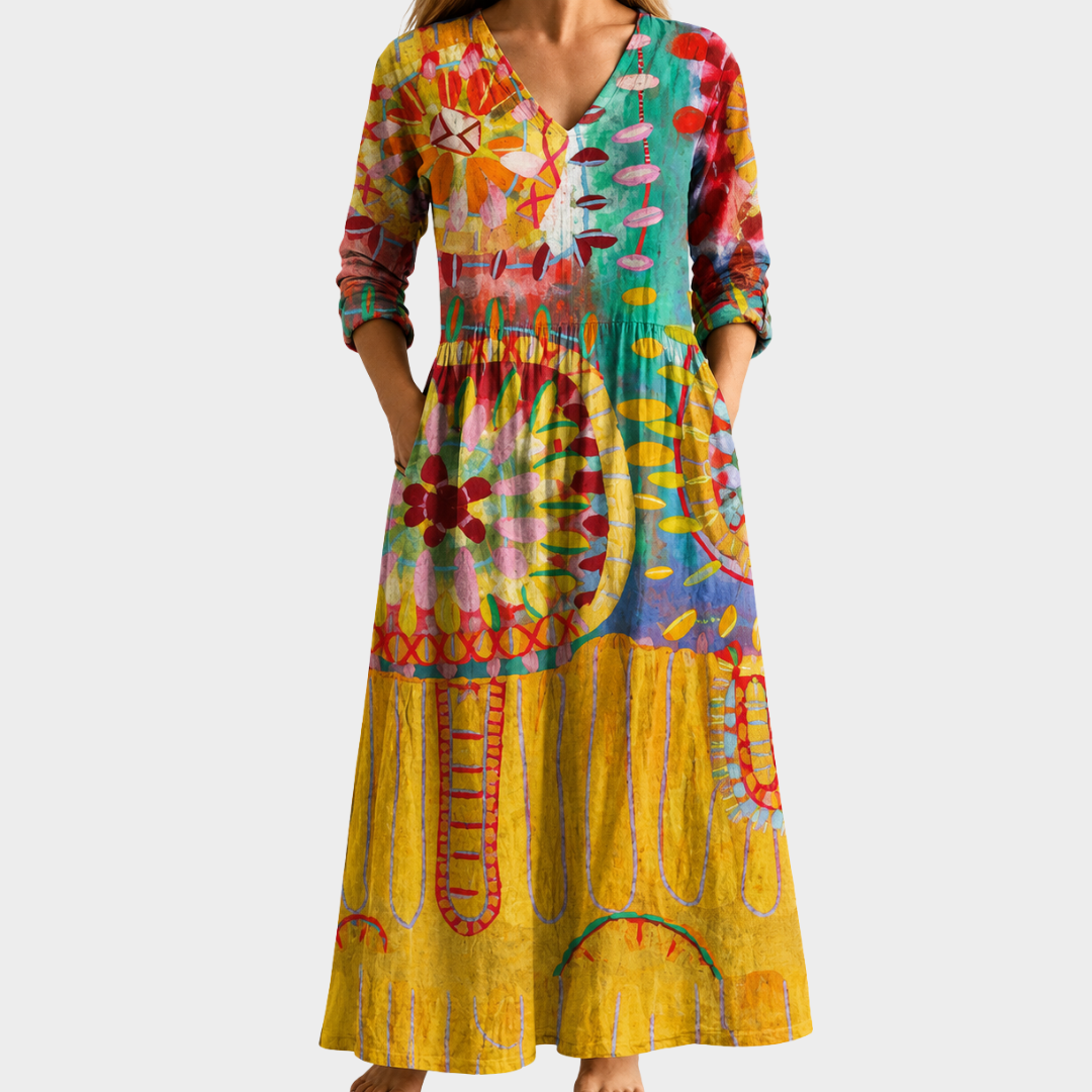 Shae yellow folk patchwork maxi dress, view 2