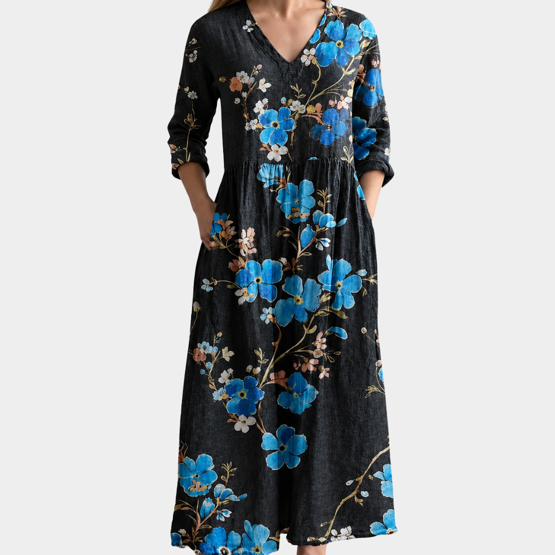 Olive black maxi dress with sapphire blossoms, view 2