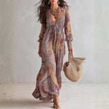 Aria - Paisley Print V-neck Gathered Chiffon Maxi Dress
