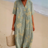 Mary - Blue-Grey Dress with Floral Embroidery