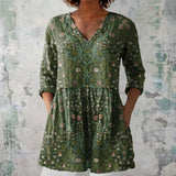 Sophie - Olive Blouse with Fine Floral Print