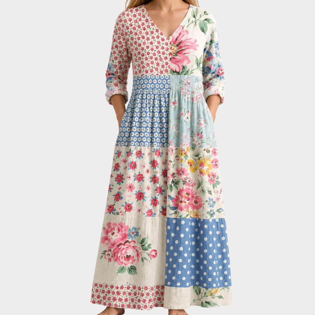 Imogen pink and blue floral patchwork maxi dress, view 2
