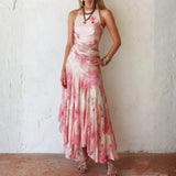 Kate - Pink Floral Chiffon Pleated Print Sleeveless Midi Dress