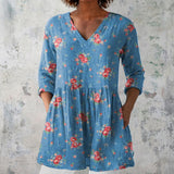 Delia - Blue Blouse with Coral Roses