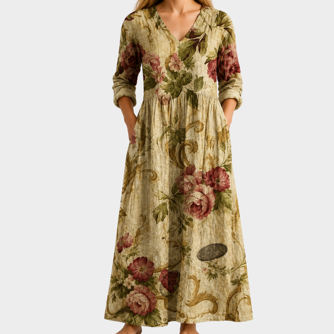 Joy beige maxi dress with antique roses, view 2