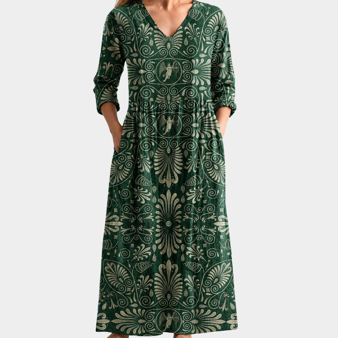 Fern emerald maxi dress with heritage scrollwork, view 2