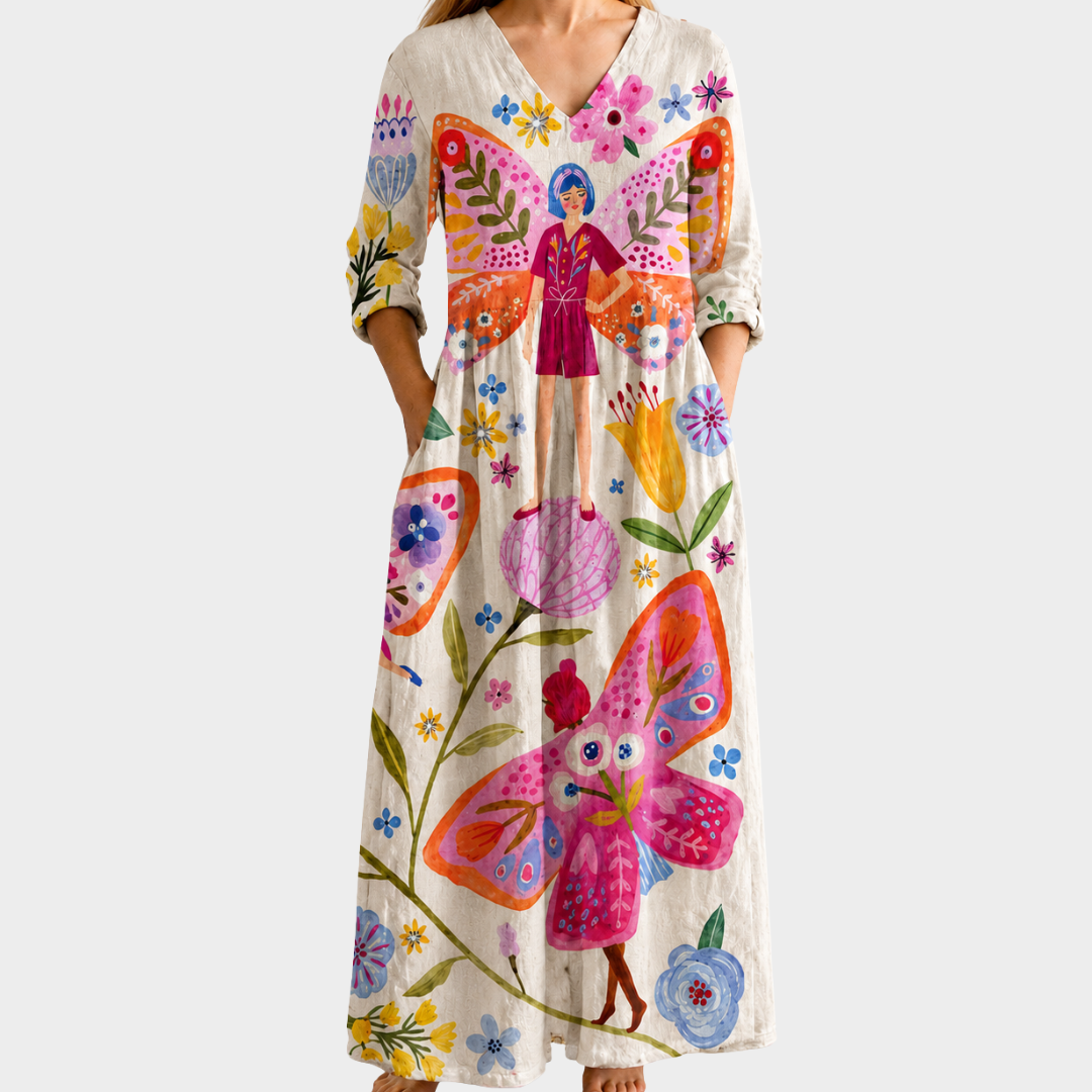 Maggie cream maxi dress with folk figures, view 2