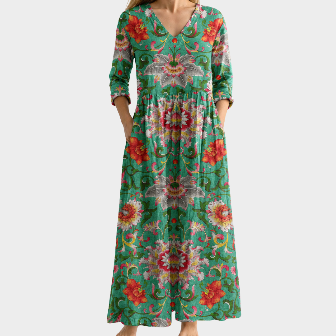 Kristy green maxi dress with red folk florals, view 2