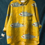 Evie - Casual Blouse with Vintage Fish Art