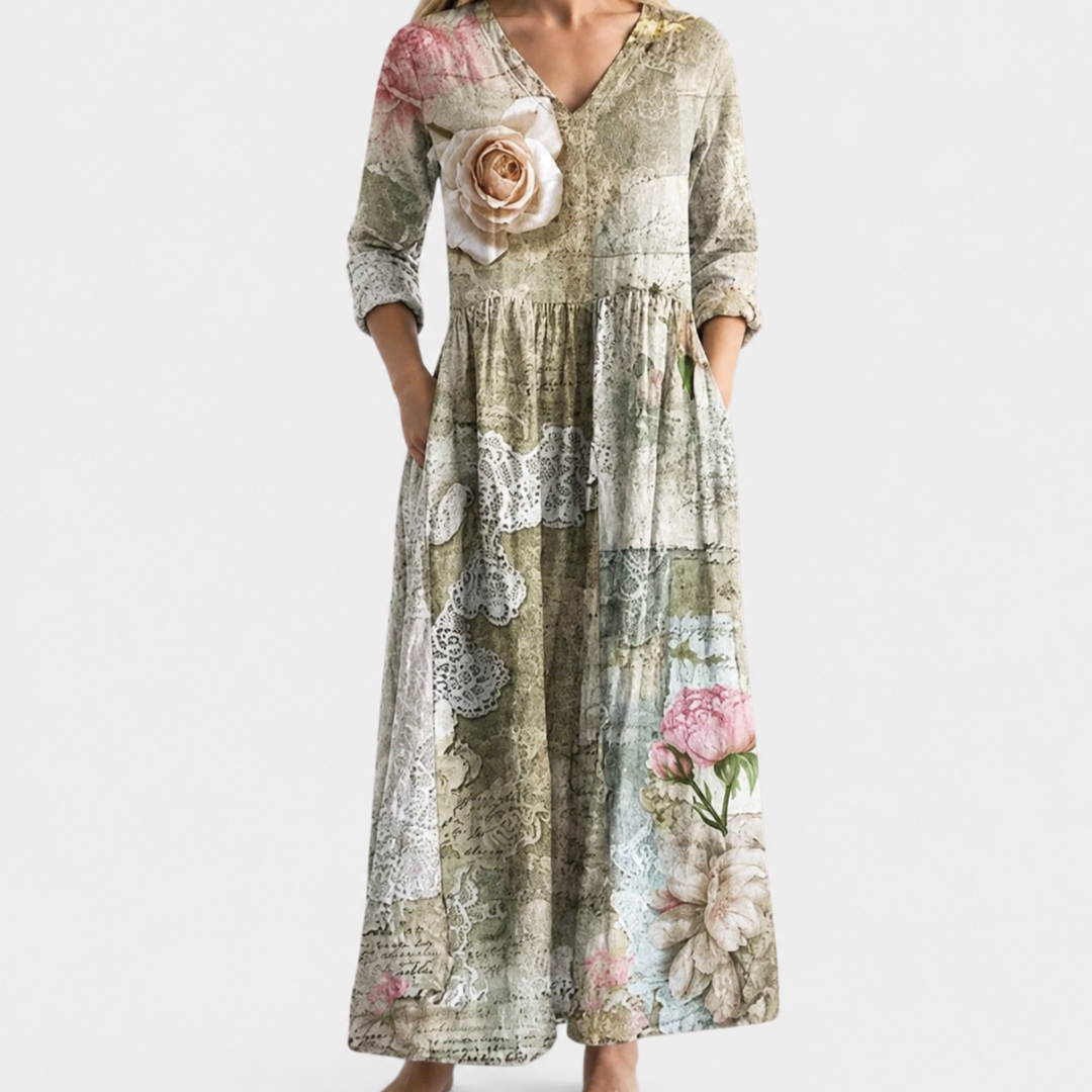 Jan sage maxi dress with single rose, view 2